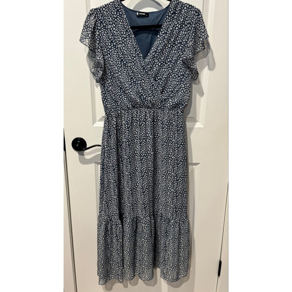 Women's BTFBM lined Blue & White Leopard Print Midi tiered Dress M